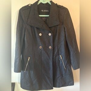 Guess Women's Charcoal Military Pea Coat with Silver Accents